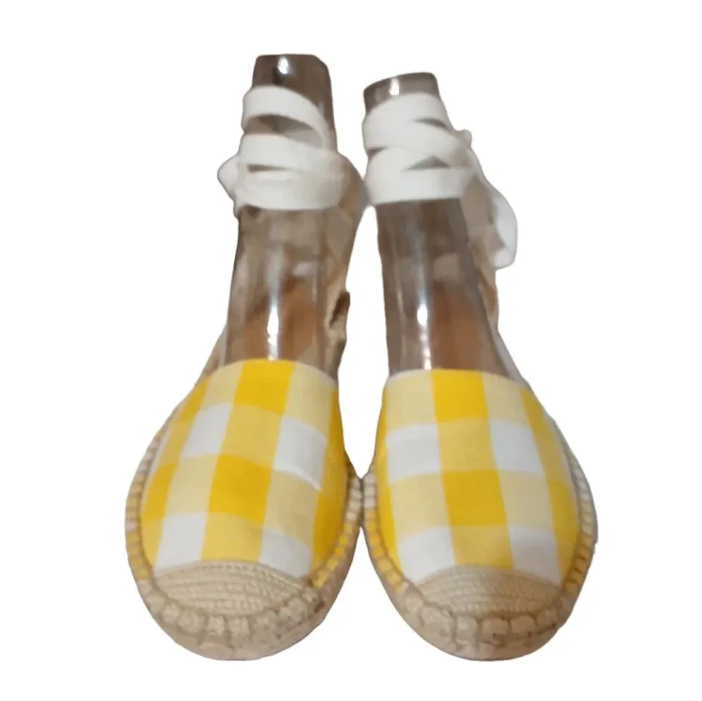 J CREW YELLOW AND WHITE GINGHAM LACE UP D'ORSAY ESPADRILLE SANDALS 6.5